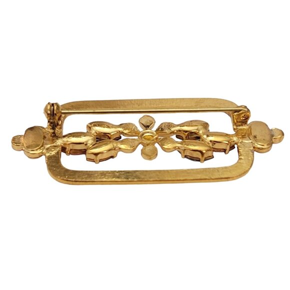 Czech Gold Tone Vintage Rhinestone Flower Square Rectangle Open Brooch Pin E774 - Picture 5 of 9